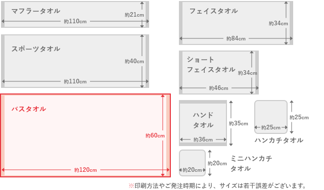 バスタオルのサイズは、長さ約125㎝、幅約60㎝