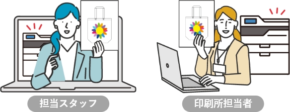 フルカラーで作成された入稿データを担当スタッフと印刷所でカラーチェックをするイメージ