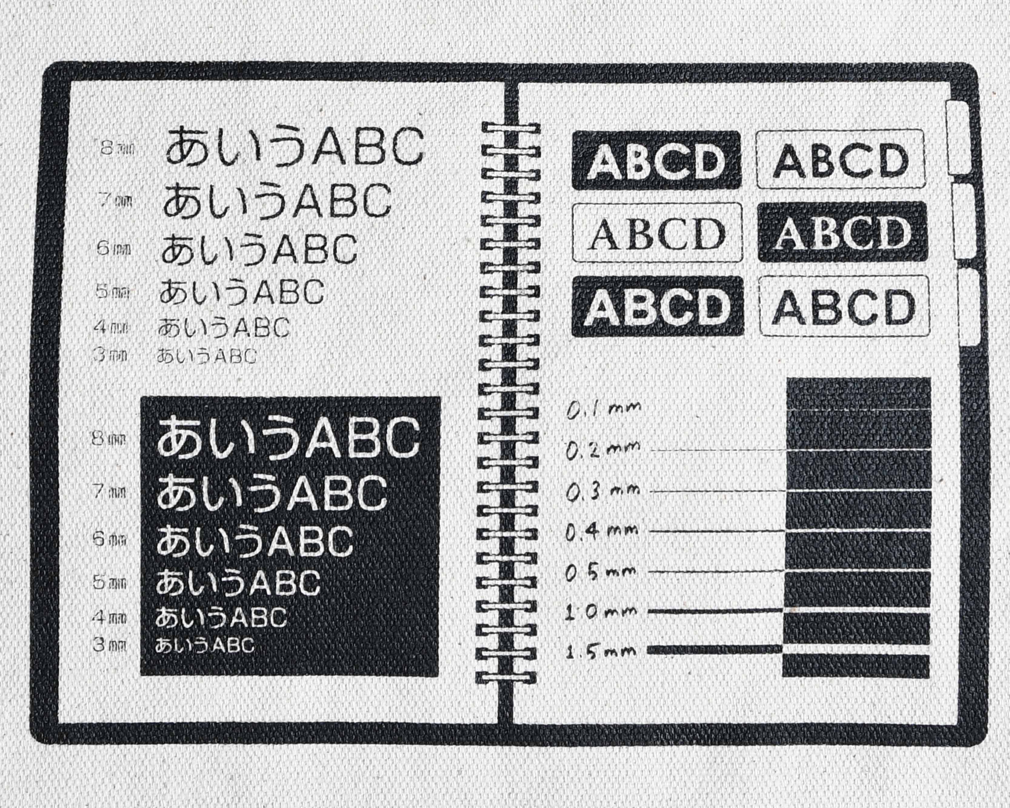 文字・線幅サンプルのシルク印刷をした12オンスキャンバス地のイメージ。ベタやヌキなどの仕上がり例がわかる画像