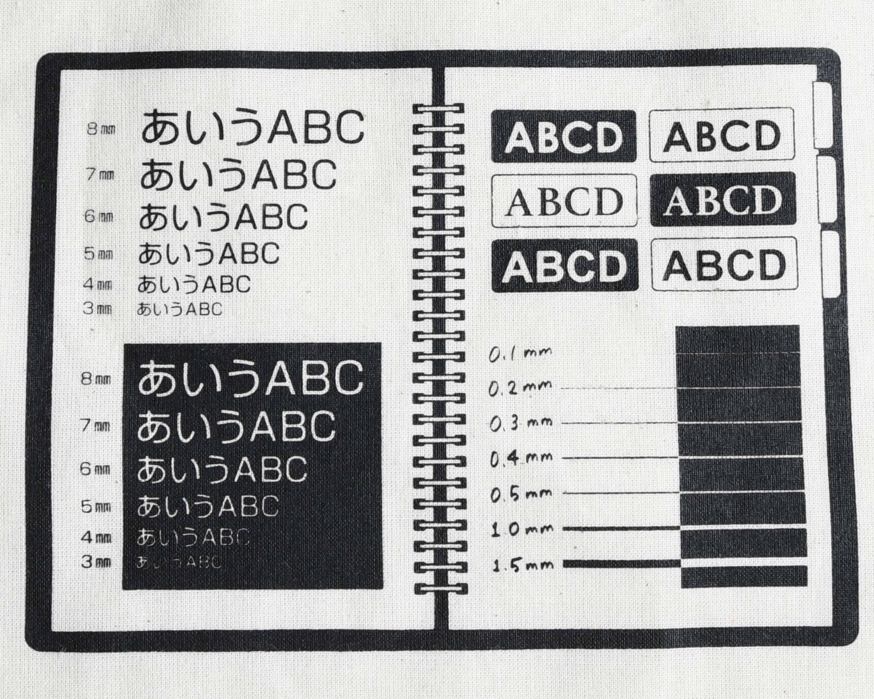 文字・線幅サンプルのシルク印刷をしたシーチング地のイメージ。ベタやヌキなどの仕上がり例がわかる画像