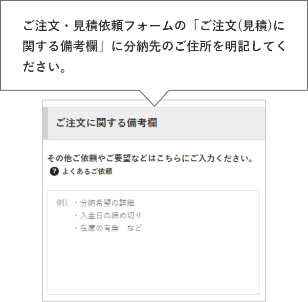 ご注文・見積依頼フォームの「ご注文(見積)に関する備考欄」に分納先のご住所を明記してください。