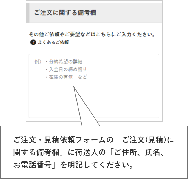 ご注文・見積依頼フォームの「ご注文(見積)に関する備考欄」に荷送人の「ご住所、氏名」を明記してください。