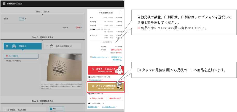 自動見積で数量、印刷形式、印刷部位、オプションを選択して見積金額を出してください。※商品在庫についてはお問い合わせください。[スタッフに見積依頼]から見積カートへ商品を追加します。