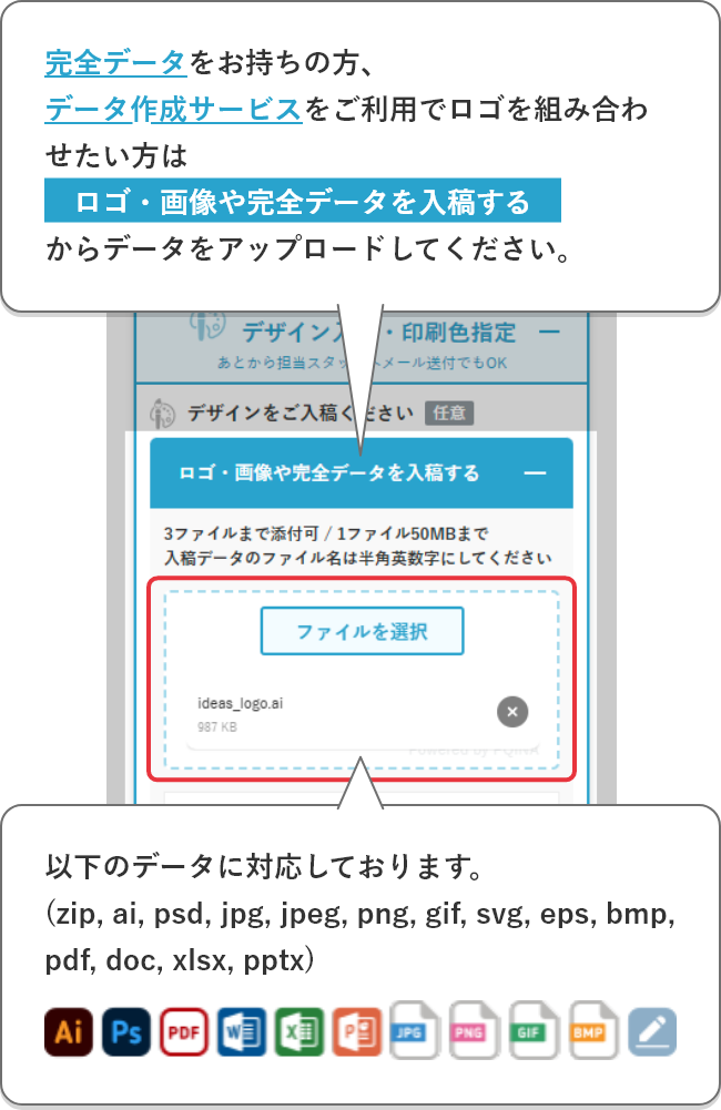 完全データをお持ちの方、データ作成サービスをご利用の方データ入稿/データ作成サービスを利用を選択し、各項目に以下の必要事項を入力してください。■完全データ入稿の方[ファイルを選択]からお持ちのデータをアップロードしてください。