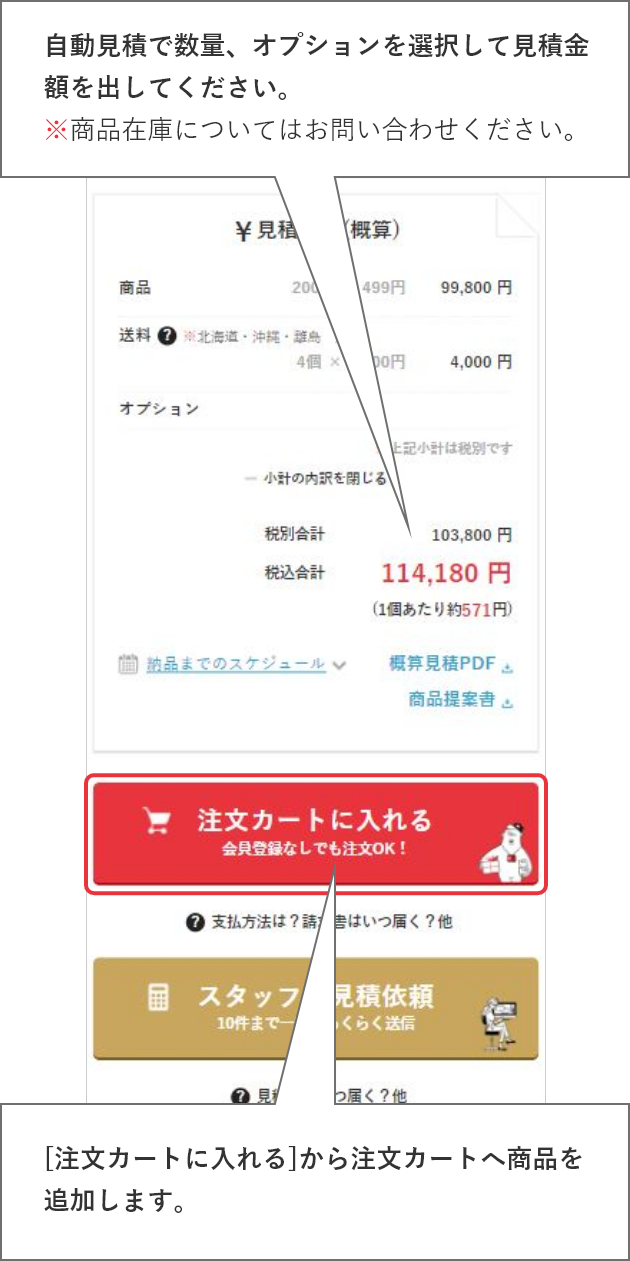 自動見積で数量、印刷形式、印刷部位、オプションを選択して見積金額を出してください。※商品在庫についてはお問い合わせください。[注文カートに入れる]から注文フォームに進みます。