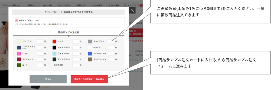 ご希望数量(本体色1色につき3個まで)をご入力ください。一度に複数商品注文できます。[商品サンプル注文カートに入れる]から商品サンプル注文フォームに進みます。