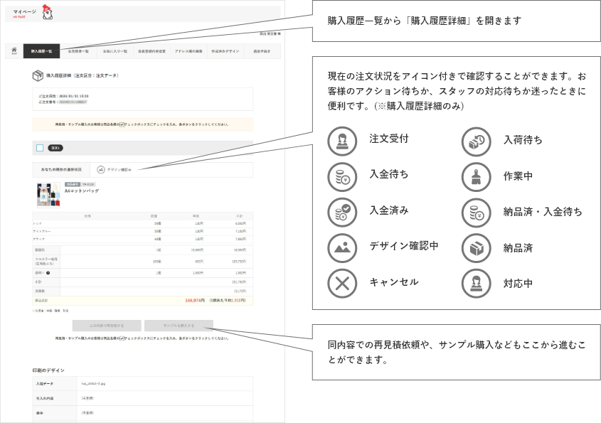 注文履歴一覧から「注文履歴詳細」を開きます。現在の注文状況をアイコン付きで確認することができます。お客様のアクション待ちか、スタッフの対応待ちか迷ったときに便利です。(※注文履歴詳細のみ)同内容での再見積依頼や、サンプル注文などもここから進むことができます。