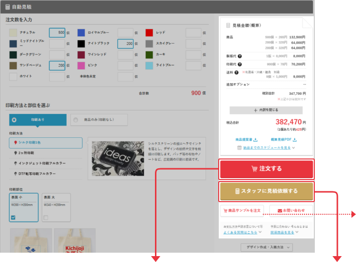 商品ページの「自動見積」から 注文・見積カートへ進みます