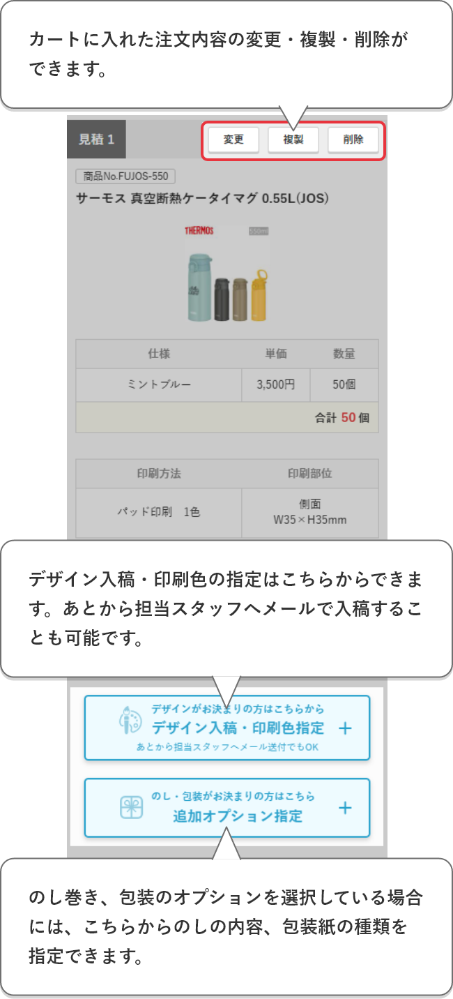 カートに入れた見積内容の変更・複製・削除ができます。