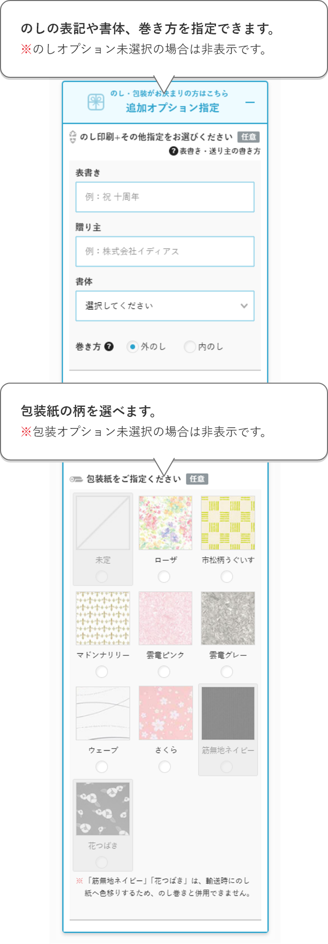 のしの表記や書体、巻き方を指定できます。※のしオプション未選択の場合は非表示です。包装紙の柄を選べます。※包装オプション未選択の場合は非表示です。