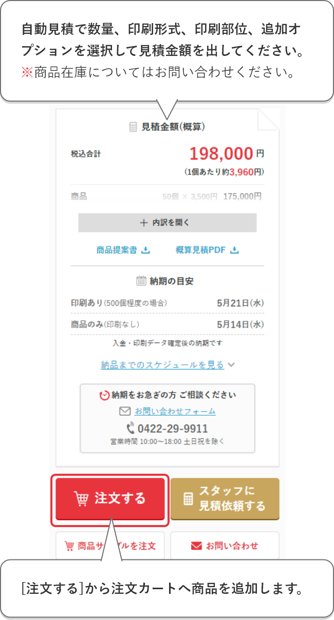 自動見積で数量、印刷形式、印刷部位、オプションを選択して見積金額を出してください。※商品在庫についてはお問い合わせください。[注文カートに入れる]から注文フォームに進みます。