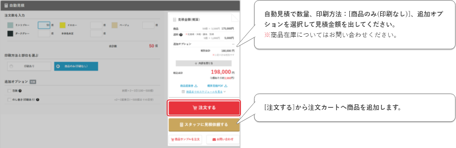 自動見積で数量、印刷形式、印刷部位、オプションを選択して見積金額を出してください。※商品在庫についてはお問い合わせください。[注文カートに入れる]から注文フォームに進みます。