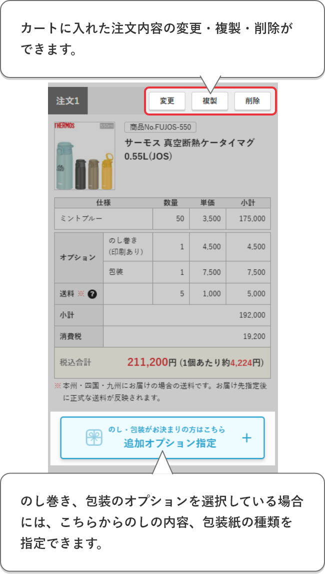 カートに入れた注文内容の変更・複製・削除ができます。