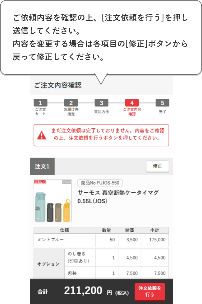 ご依頼内容を確認の上、[注文依頼を行う]を押し送信してください。内容を変更する場合は各項目の[修正]ボタンから戻って修正してください。