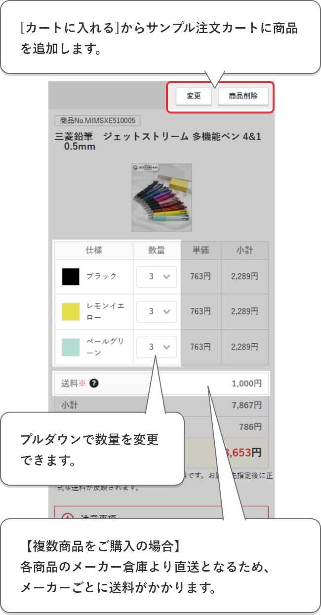 カートに入れた注文内容の変更・商品の削除ができます。プルダウンで数量を変更できます。【複数商品をご購入の場合】各商品のメーカー倉庫より直送となるため、メーカーごとに送料がかかります。