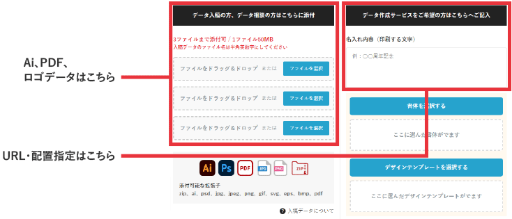 Adpbe Illstratorのデータやロゴデータは「データ入稿の方、データ相談の方はこちらに添付」へ添付、URLや配置の指定は「データ作成サービスをご希望の方はこちらへご記入」の「名入れ内容」へご記入ください。