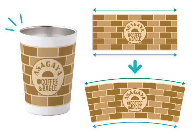テーパーのかかった商品への全面印刷で、商品形状の影響を受けデータが変形することがわかるイメージ