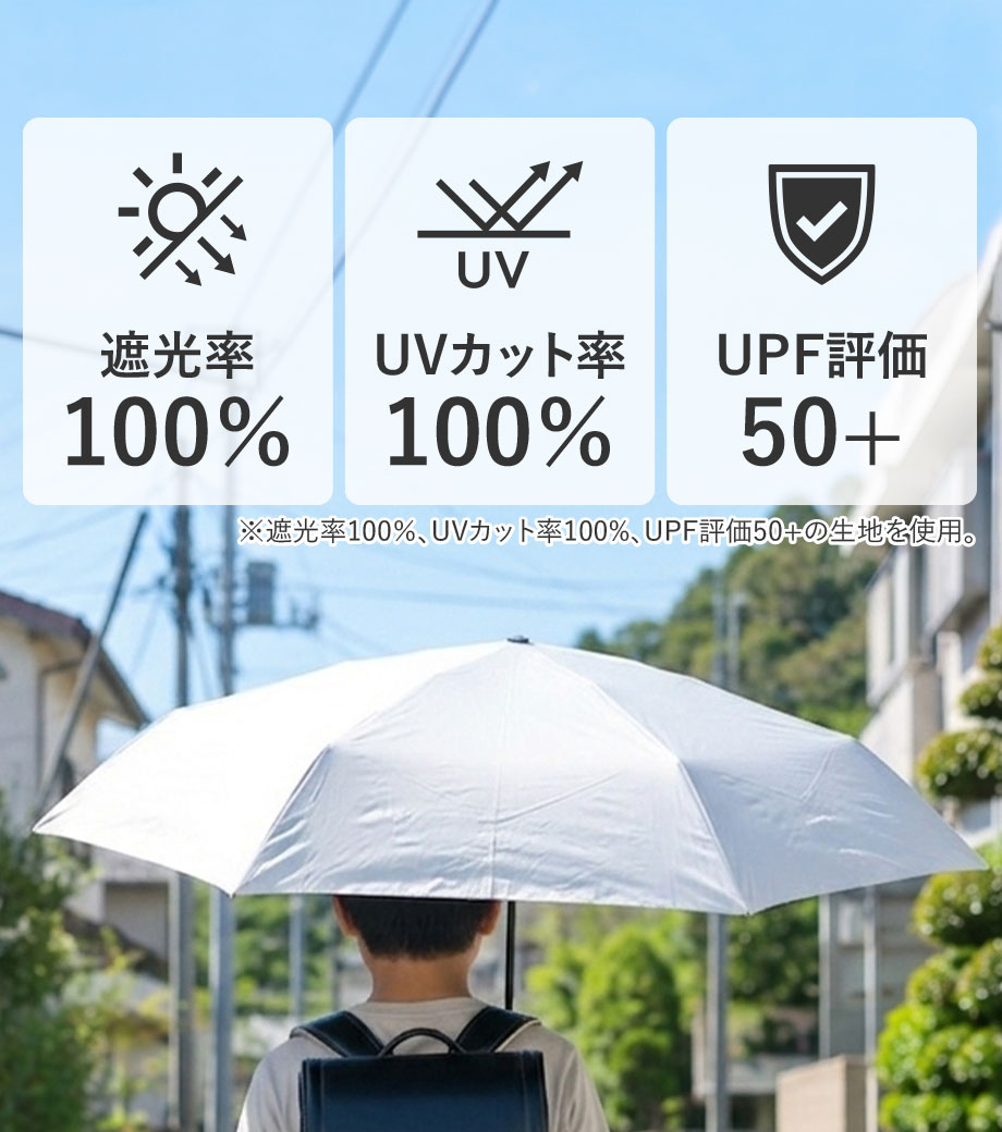 卒業・卒園記念品向け シンプル遮光折りたたみ傘 高い遮光率とUV遮断率