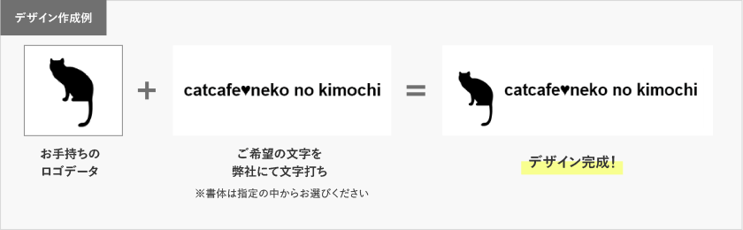 デザイン作成例　お手持ちのロゴデータにご希望の文字を弊社にて文字打ちしたものを組み合わせてデザインを作成。※書体は指定の中からお選びください。