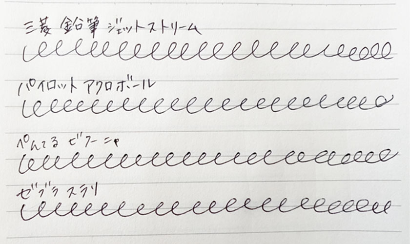 三菱鉛筆ジェットストリーム パイロットアクロボール ぺんてるビクーニャ ゼブラスラリ ボールペン書き比べ