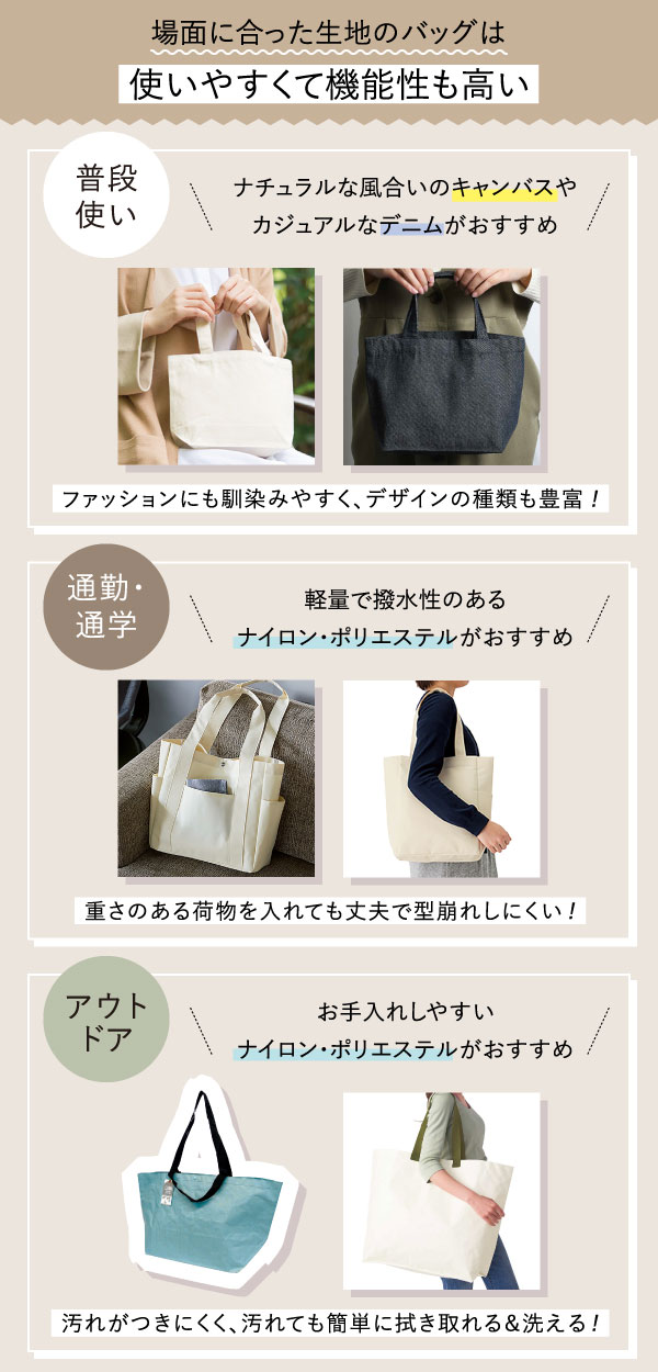 利用シーンから場面に合った生地のバッグを選ぶ