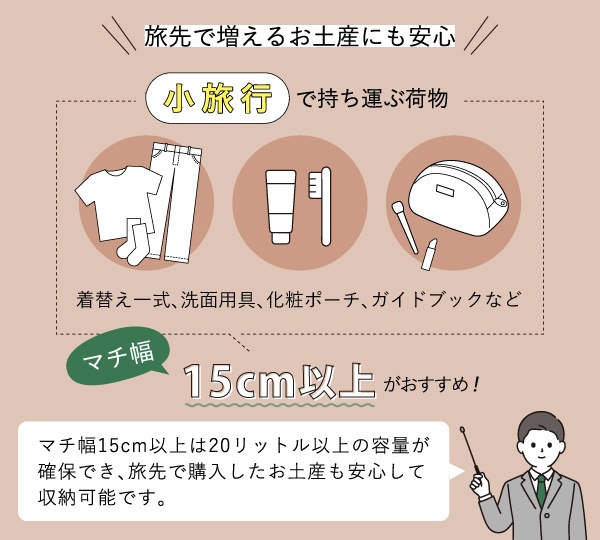 小旅行では15cm以上ののマチ幅がおすすめ